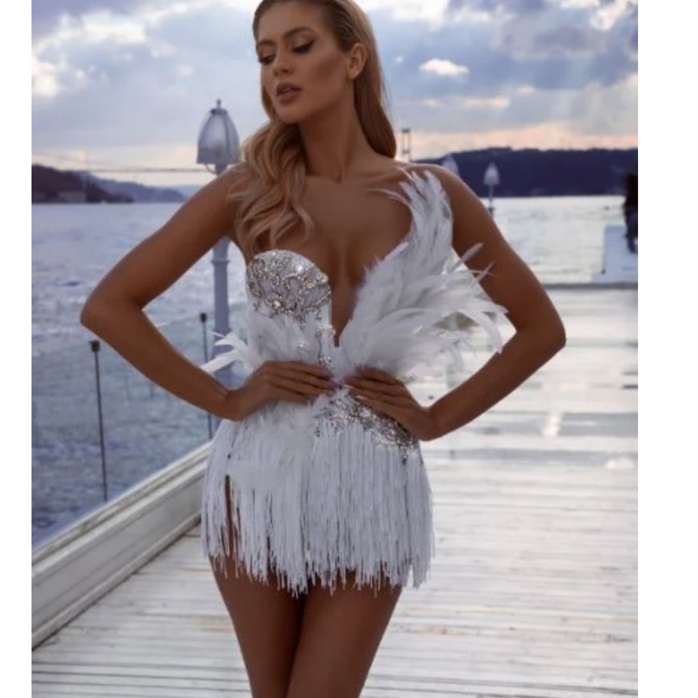 Elegant White Feathered Dress